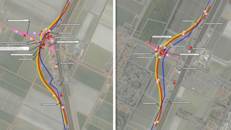Vergelijking van twee kaartbeelden met route-aanpassingen, beide met wegmarkeringen in rood, geel en blauw, en verschillende annotaties rondom verkeersknooppunten en kruisingen in een landelijk gebied.