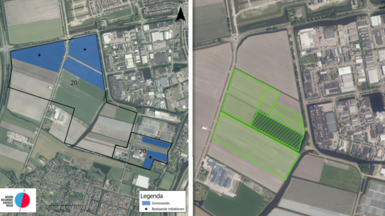 Twee luchtfoto's van hetzelfde gebied, links en rechts. De linkerfoto toont het gebied met blauwe gemarkeerde vakken en een legenda die "Zonnewijde" en "Bestaande initiatieven" aangeeft. De rechterfoto heeft groene lijnen die vakken over hetzelfde gebied markeren. Beide afbeeldingen tonen landbouwgrond en stedelijke bebouwing.