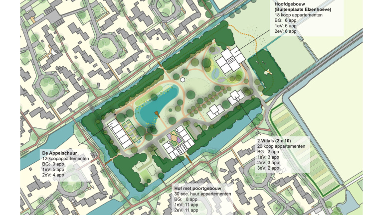 Plattegrond van een woongebied met appartementen, villa's, groenstroken, een vijver en wegenindeling.