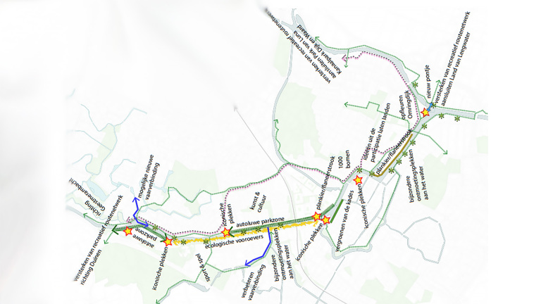 Kaart van recreatieve routes en ecologische zones met stermarkeringen voor iconische plekken en geplande verbindingen.