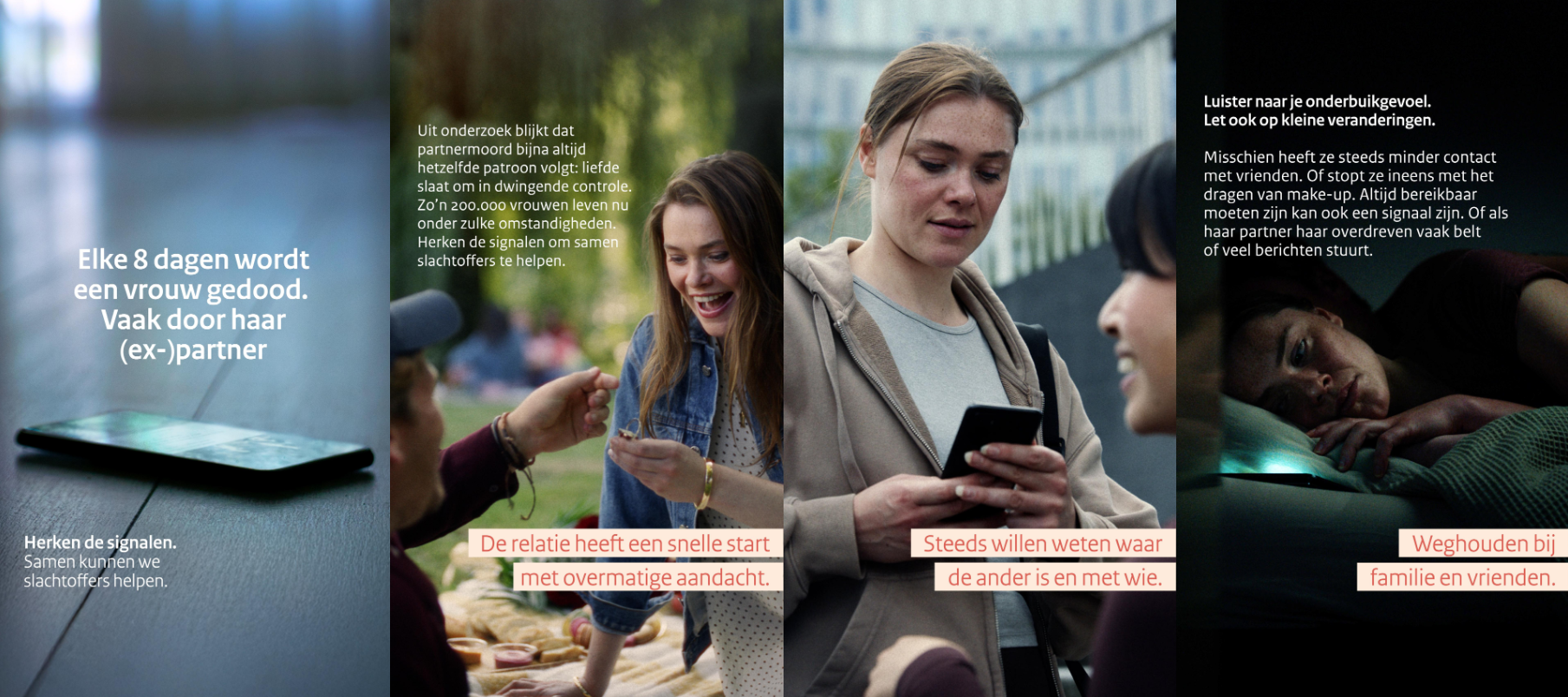 Vierdelige afbeelding met teksten over partnergeweld en voorbeelden van controle in relaties, zoals isolatie en overmatige aandacht.