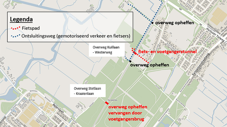 Kaart met plannen voor het opheffen van overwegen en aanleg van fiets- en voetgangerstunnel in de omgeving van Heiloo, inclusief alternatieve routes.