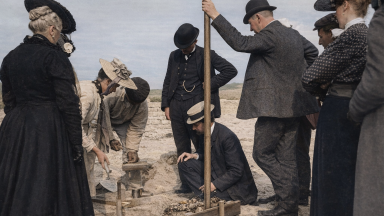 Een groep mensen in ouderwetse kleding observeert een opgraving, waarbij een man iets graaft met een troffel.