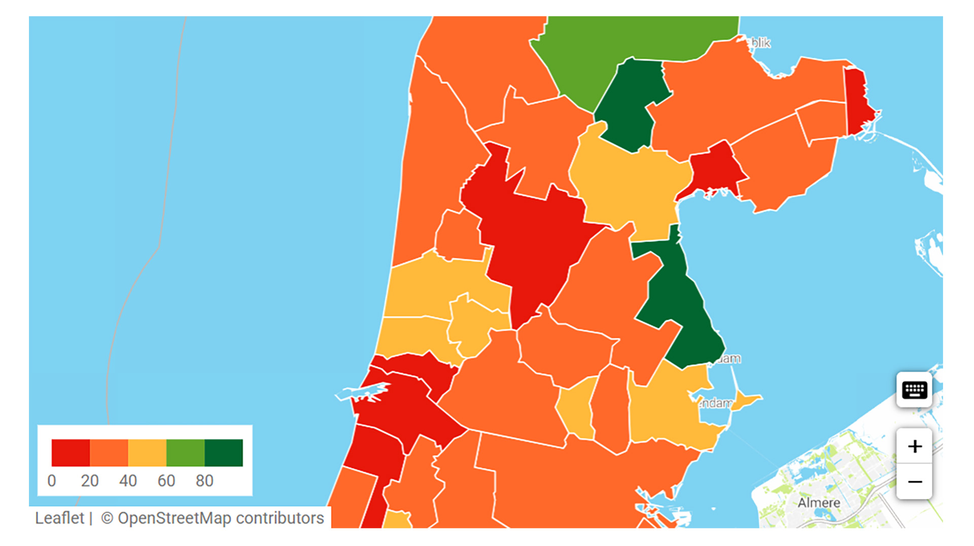 Een kaart van Noord-Holland met gemeentegrenzen, gekleurd van rood naar groen op basis van een schaal van 0 tot 100.