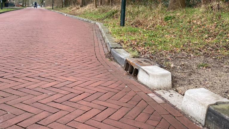 Een rode bakstenen weg met een gietijzeren putdeksel langs de stoeprand en groen gras aan de zijkant.