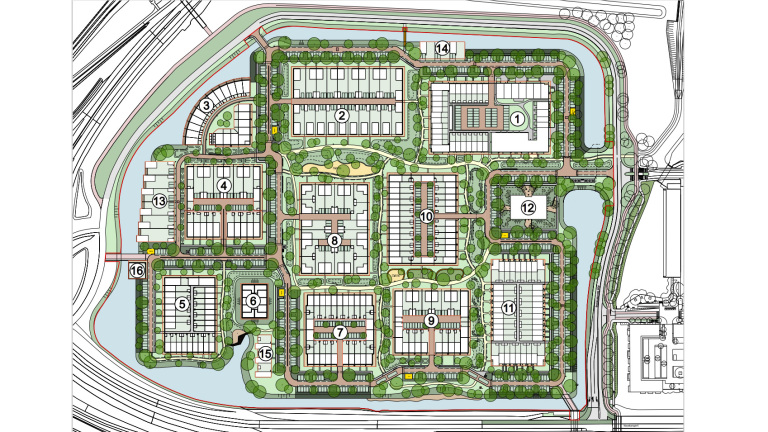 Plattegrond van een stedelijk gebied met woonblokken, wegen en groenvoorzieningen, genummerd van 1 tot 16.