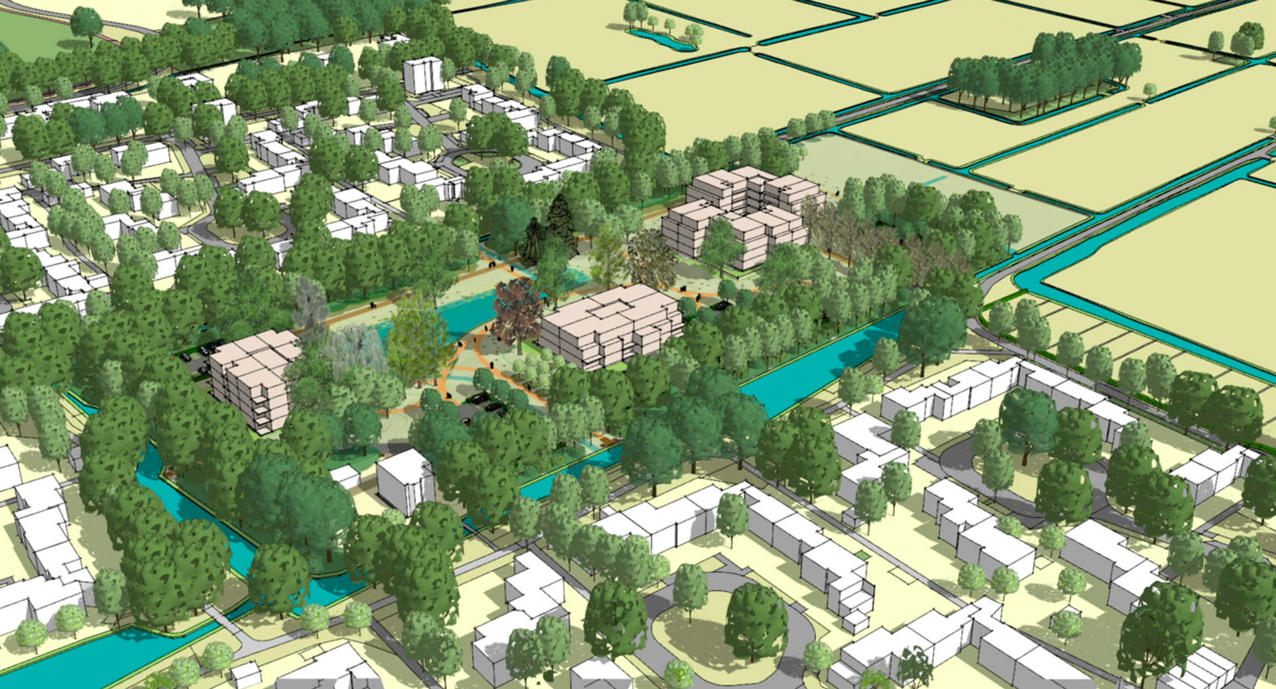 Schematische plattegrond van een groene woonwijk met bomen, gebouwen en omliggende velden, gescheiden door waterwegen.