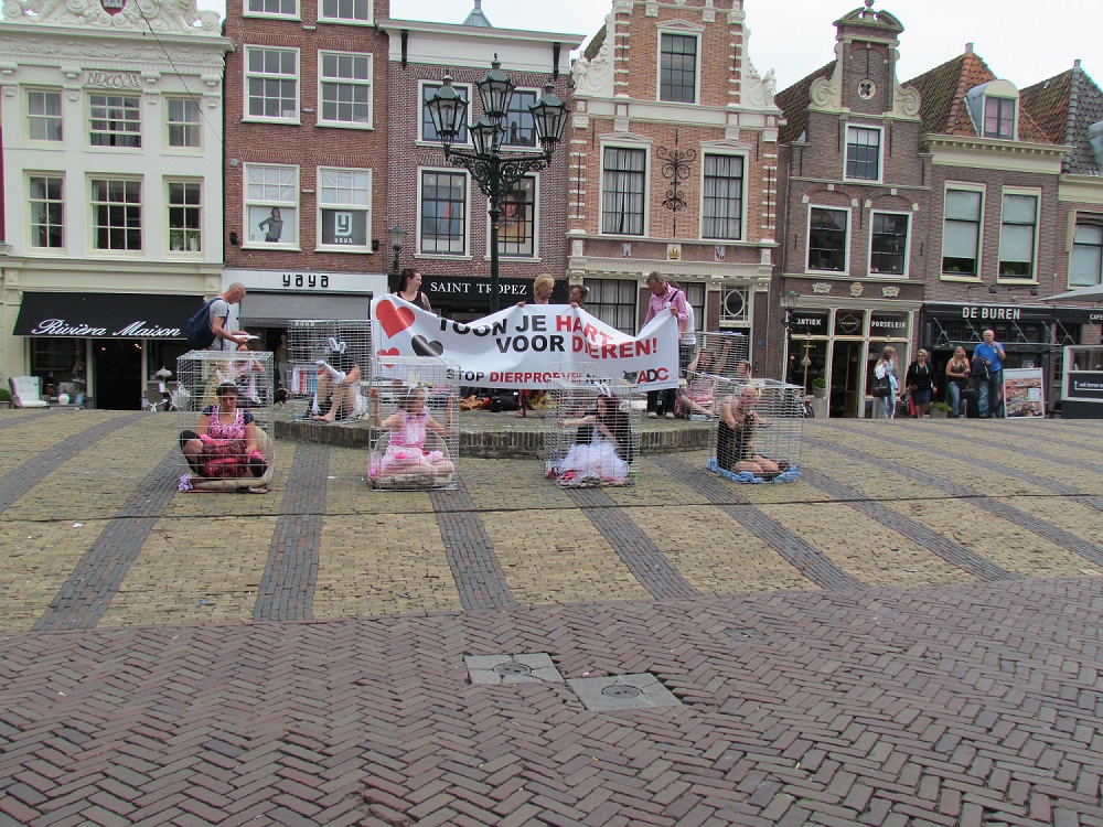 Zes actievoerders tegen dierproeven opgesloten in kooi (FOTO'S)