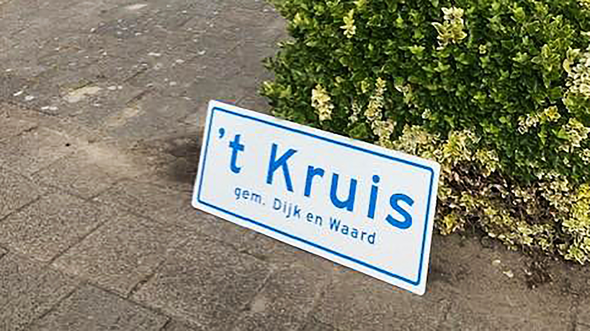 Straatbord met de tekst "'t Kruis, gem. Dijk en Waard" staat schuin tegen een groene struik.