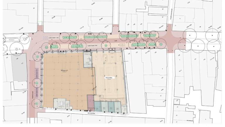 Plattegrond van een stedelijk gebied met straten, gebouwen, bomen en groenstroken; hoofdgebouw gemarkeerd als "Winkel 01" van 1.300 m² en een fietsenstalling van 770 m².