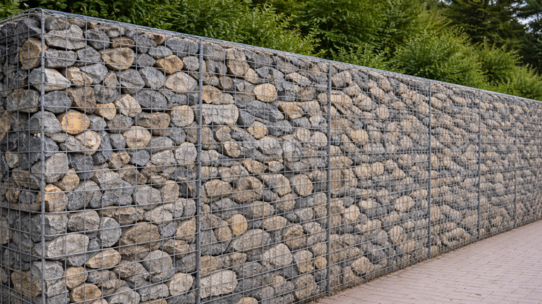 Een gabionenmuur gevuld met stenen naast een betegeld pad, omringd door groene struiken.