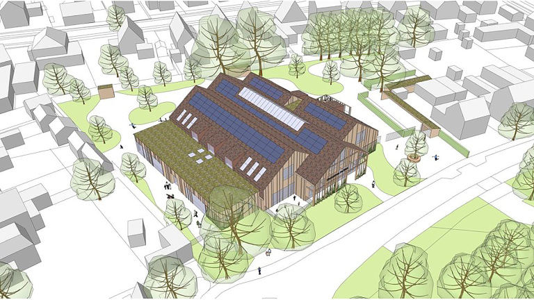 Geïllustreerde plattegrond van een modern gebouw met zonnepanelen op het dak, omringd door bomen en grasvelden in een stedelijke omgeving.