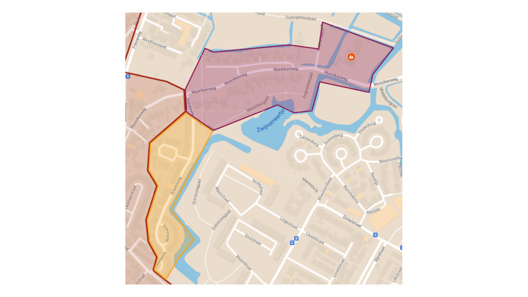 Kaart met gearceerde zones en straten zoals Munnikenweg en Grevelingenmeer afgebeeld.