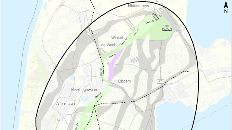 Kaart van regio Alkmaar–Obdam–Winkel met groen en paars gemarkeerde zones en een dikke zwarte cirkel om het gebied